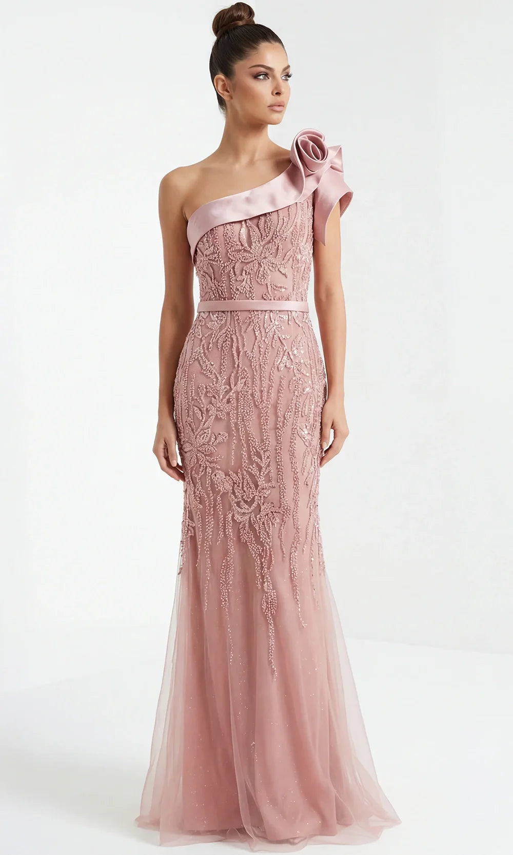 Jovani 49732 - Beaded Tulle Gown with Rosette Shoulder Prom Dresses  in Mauve  