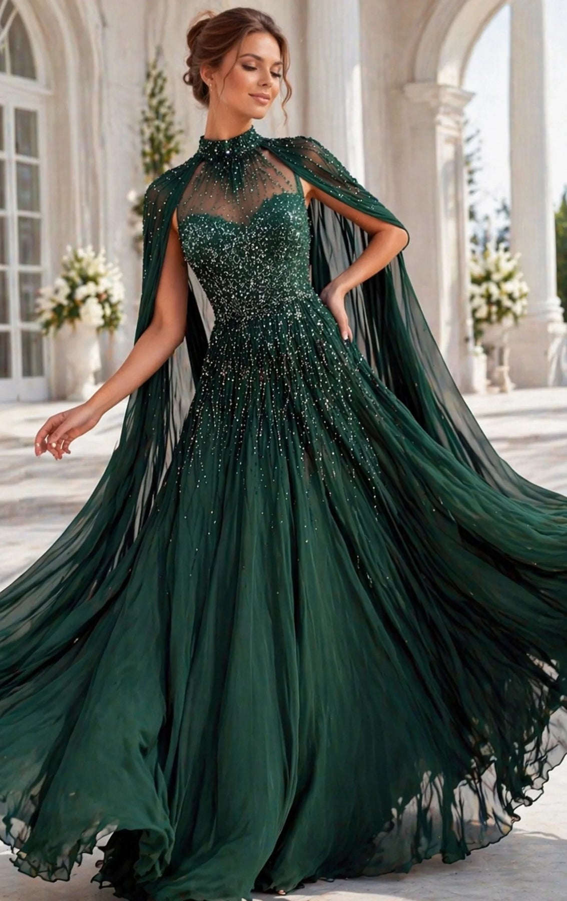Jovani 49743 - High Neck Cape Chiffon Gown