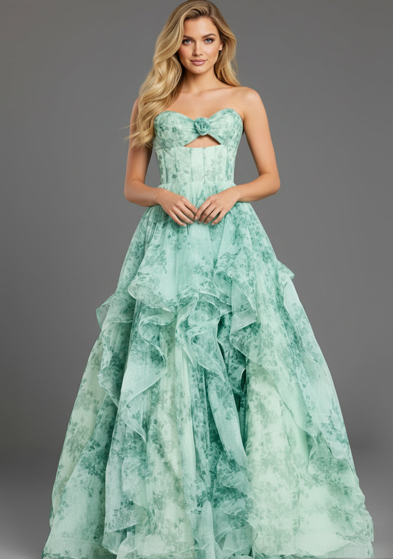Jovani 49777 - Keyhole Front Floral A-Line Gown Prom Dresses in In Green