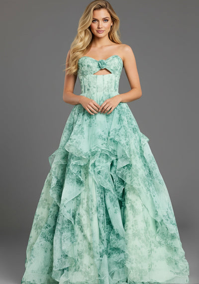 Jovani 49777 - Keyhole Front Floral A-Line Gown Prom Dresses in In Green