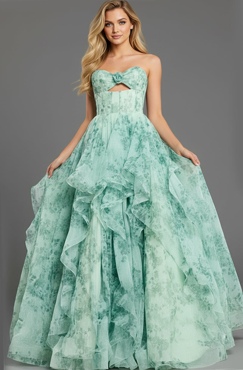 Jovani 49777 - Keyhole Front Floral A-Line Gown Prom Dresses in In Green