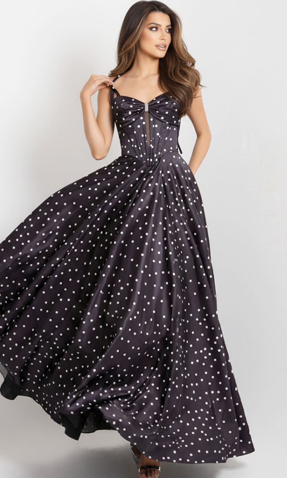 Jovani 49774 - Tie Straps Polka Dot A-Line Gown