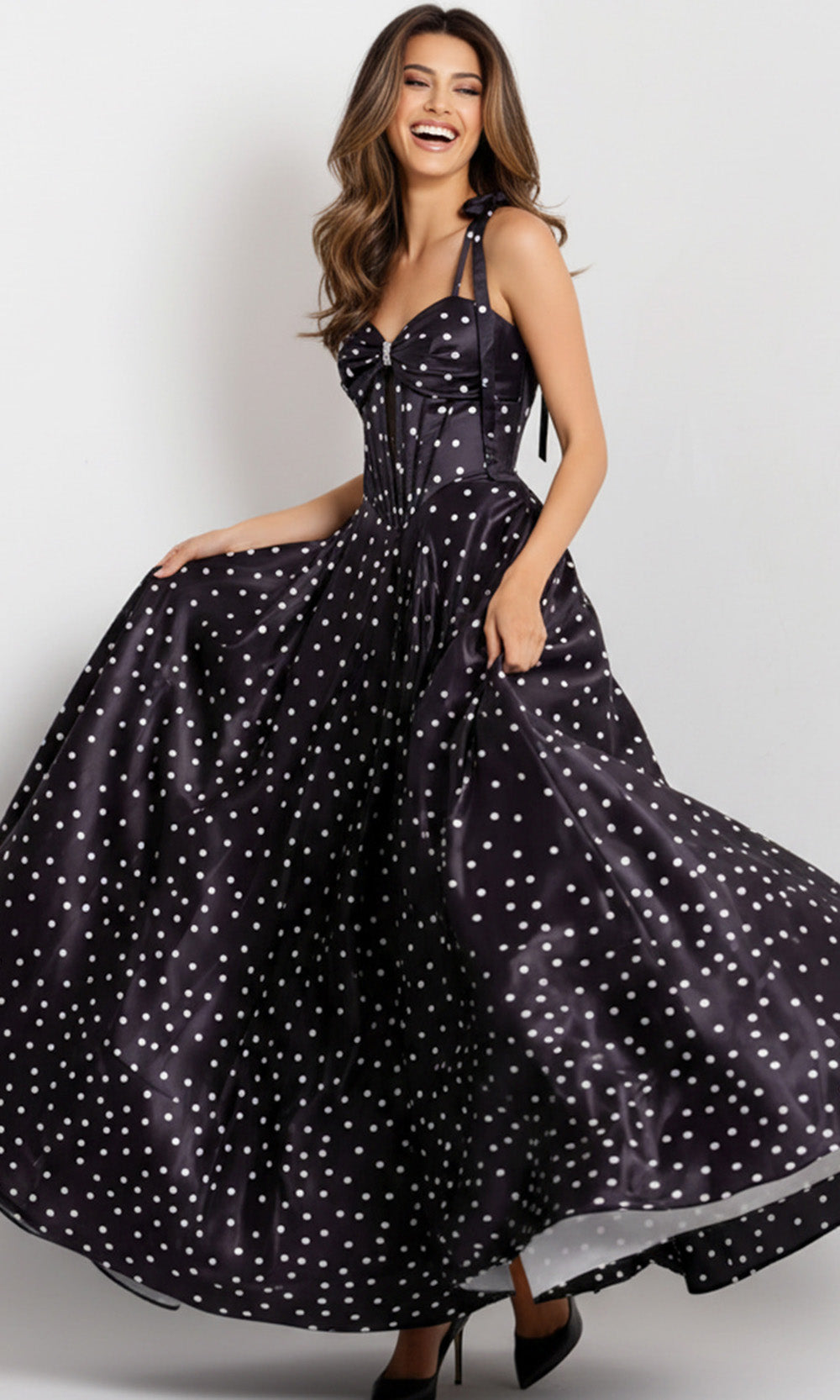 Jovani 49774 - Tie Straps Polka Dot A-Line Gown