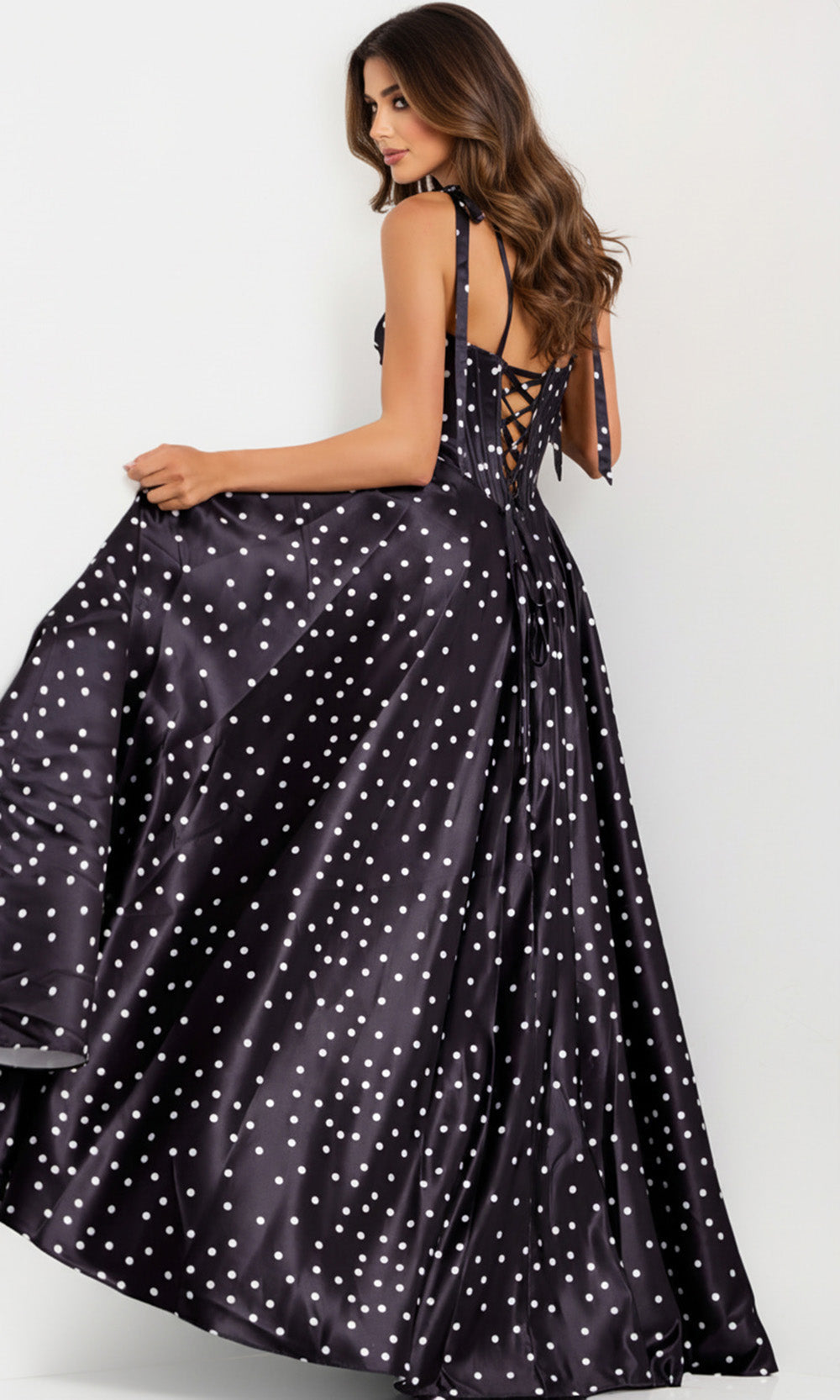 Jovani 49774 - Tie Straps Polka Dot A-Line Gown