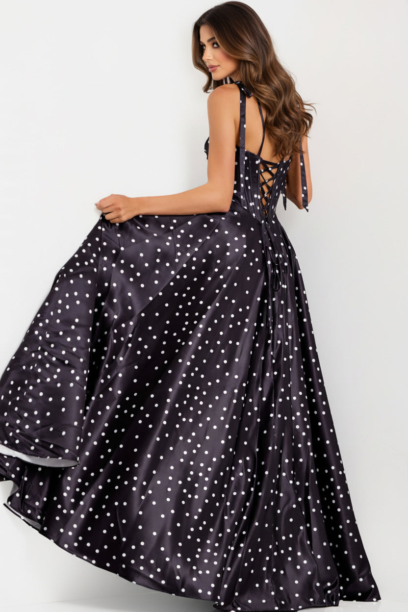 Jovani 49774 - Tie Straps Polka Dot A-Line Gown Prom Dresses In White and Blue