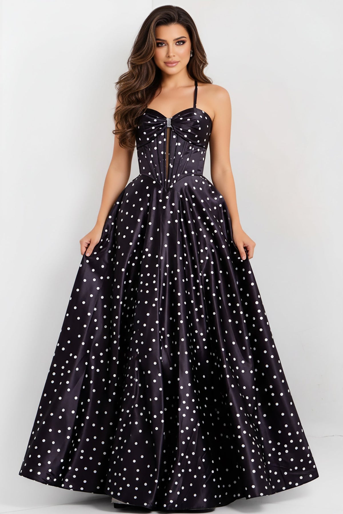 Jovani 49774 - Tie Straps Polka Dot A-Line Gown Prom Dresses In White and Blue