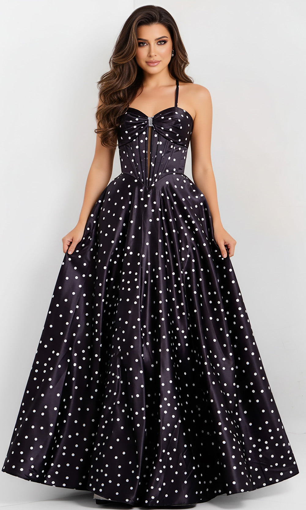 Jovani 49774 - Tie Straps Polka Dot A-Line Gown
