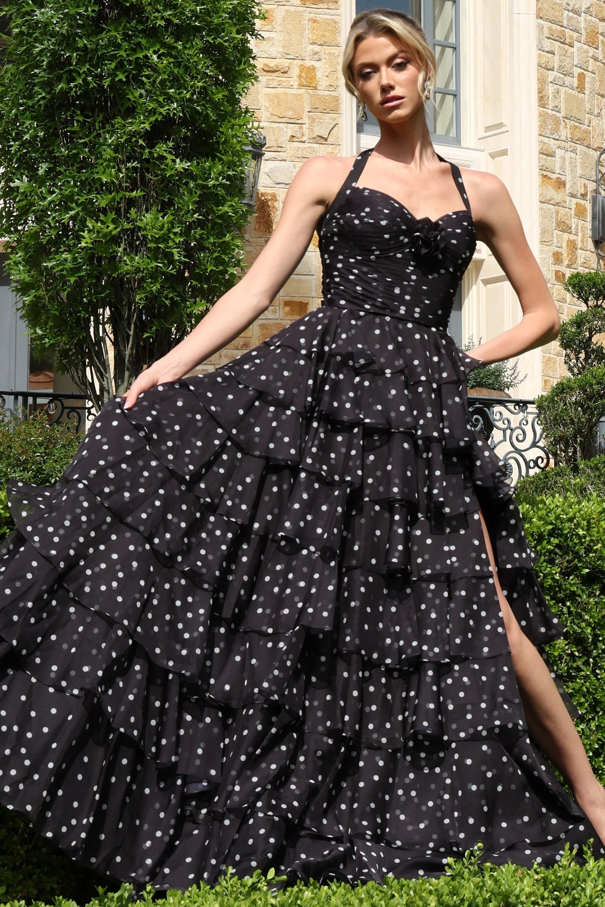 Jovani 49776 - Tiered Ruffle Sleeveless Gown with Polka Dot Print