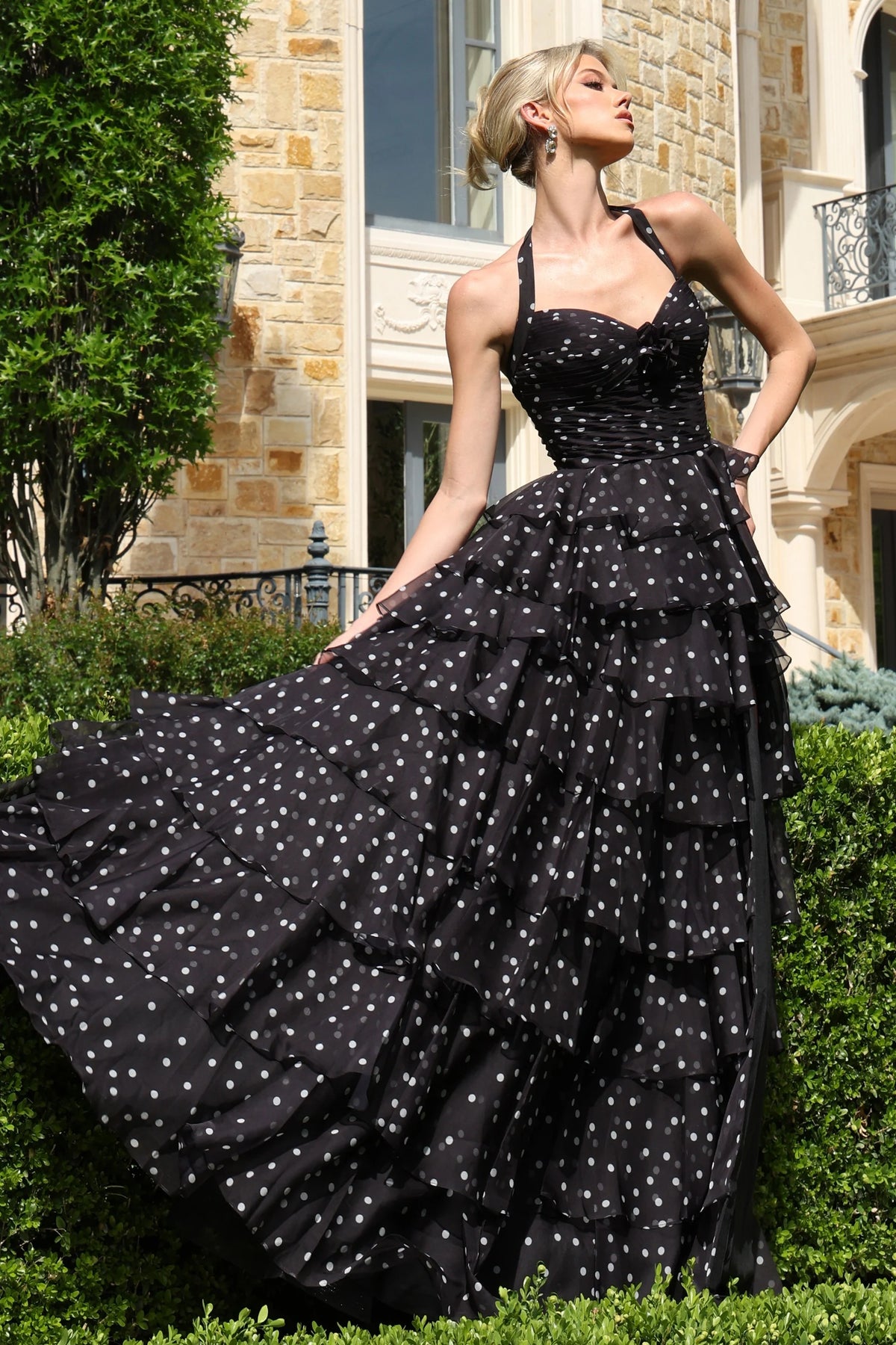 Jovani 49776 - Tiered Ruffle Sleeveless Gown with Polka Dot Print