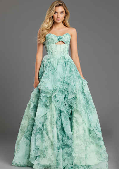 Jovani 49777 - Keyhole Front Floral A-Line Gown Prom Dresses in In Green
