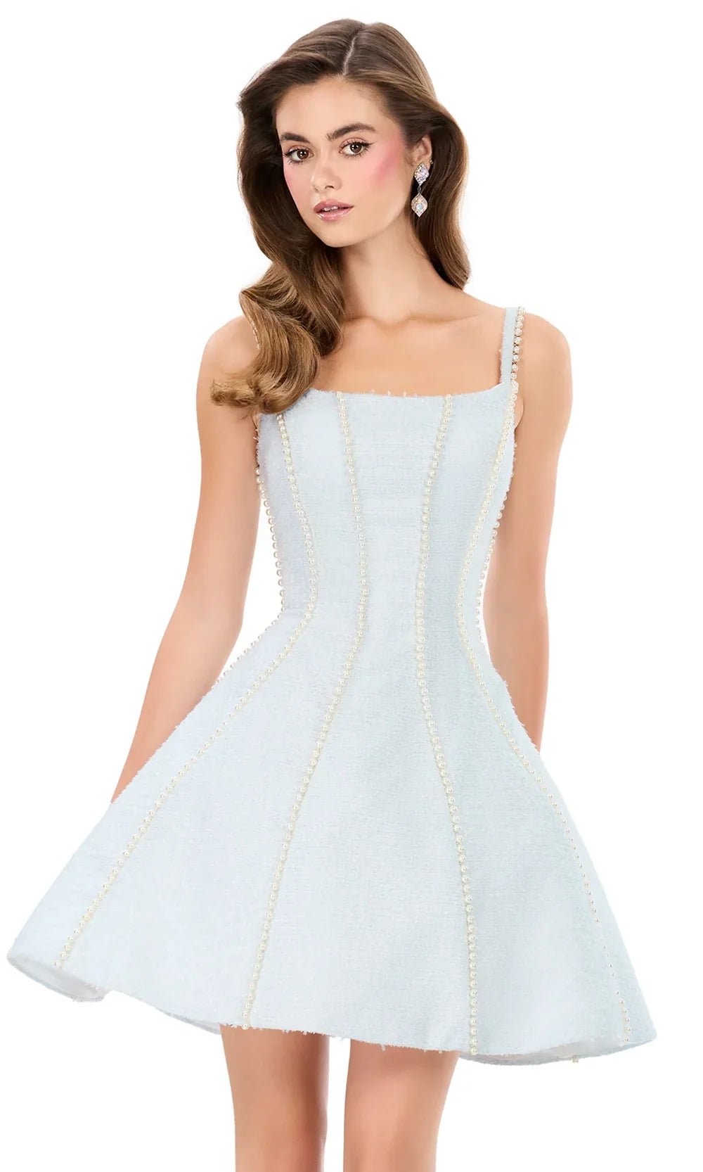Ashley Lauren 4982 - Pearl Trim Square Neck A-Lin e Dress Cocktail Dresses in Sky