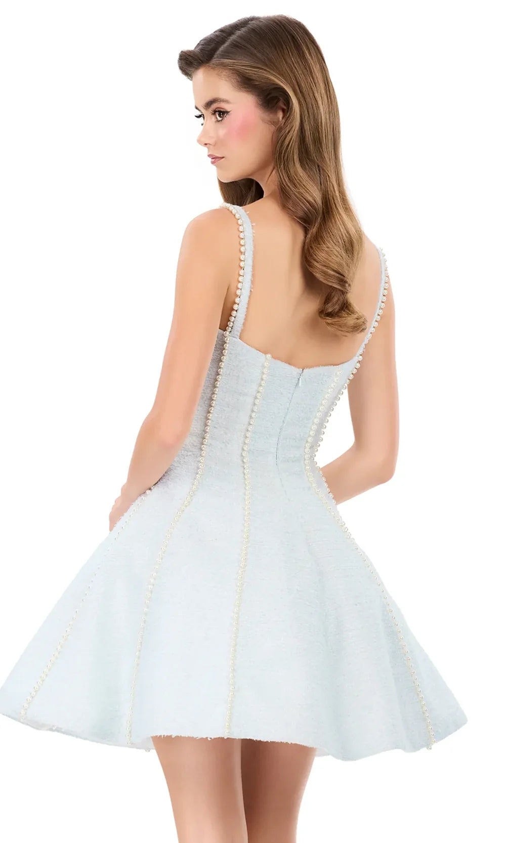 Ashley Lauren 4982 - Pearl Trim Square Neck A-Lin e Dress Cocktail Dresses in Sky