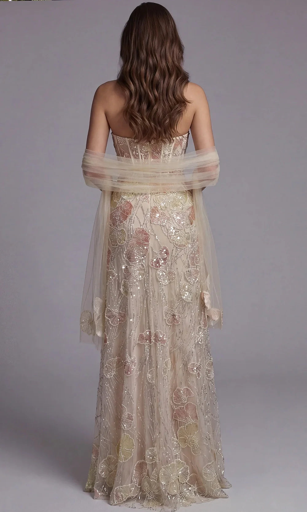 Jovani 49882 - Embroidered Strapless Gown with Matching Shawl Prom Dresses  in Peach Multi 