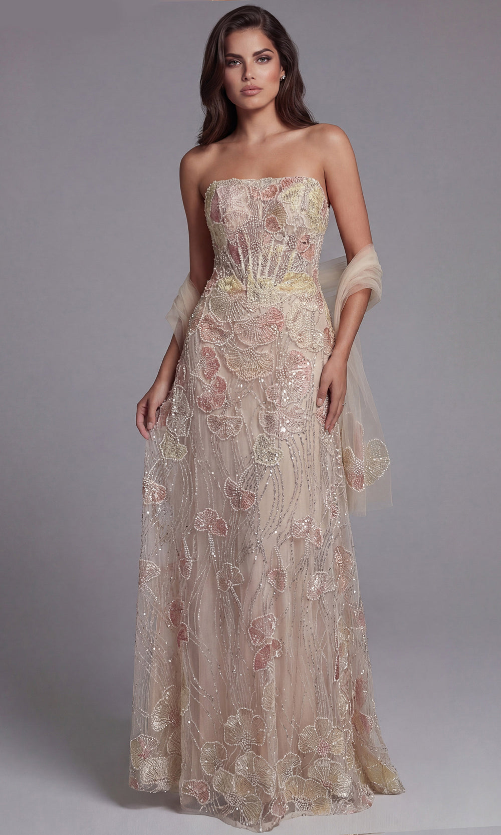 Jovani 49882 - Strapless Floral Embellished A-Line Gown Special Occasion Dress In Peach Multi