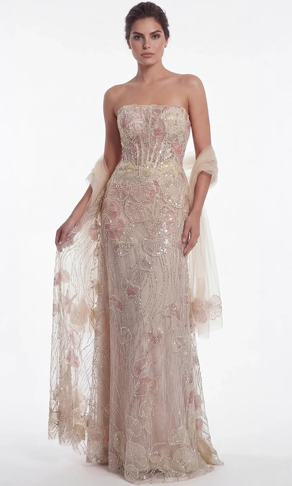 Jovani 49882 - Embroidered Strapless Gown with Matching Shawl Prom Dresses  in Peach Multi 