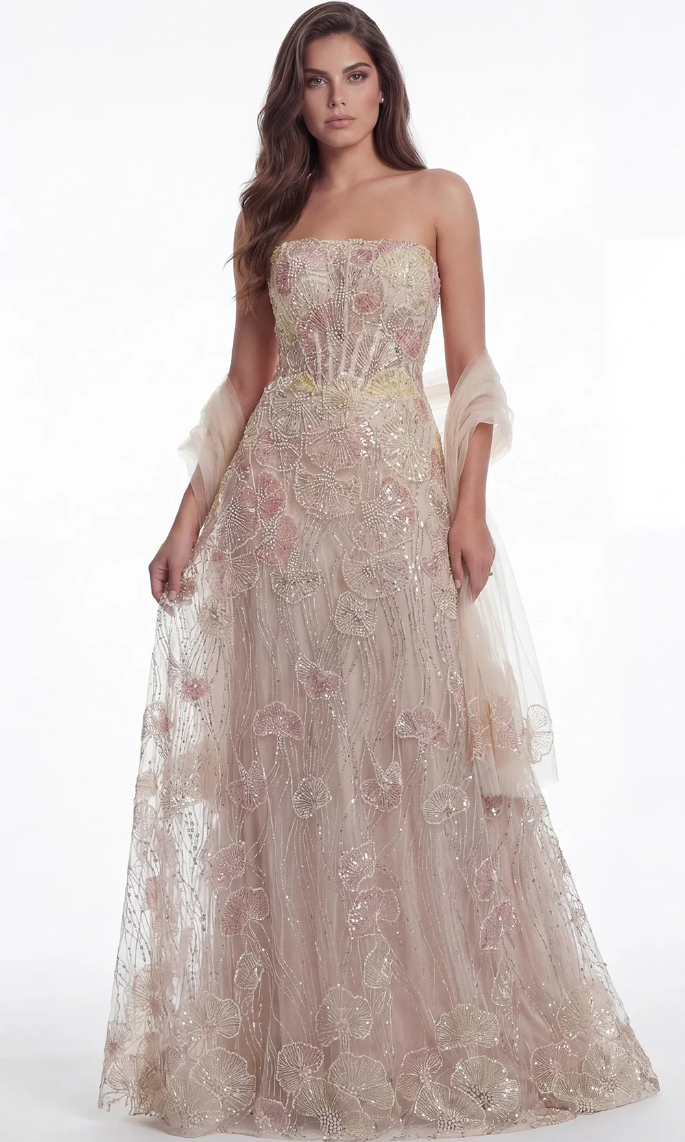 Jovani 49882 - Embroidered Strapless Gown with Matching Shawl Prom Dresses  in Peach Multi 