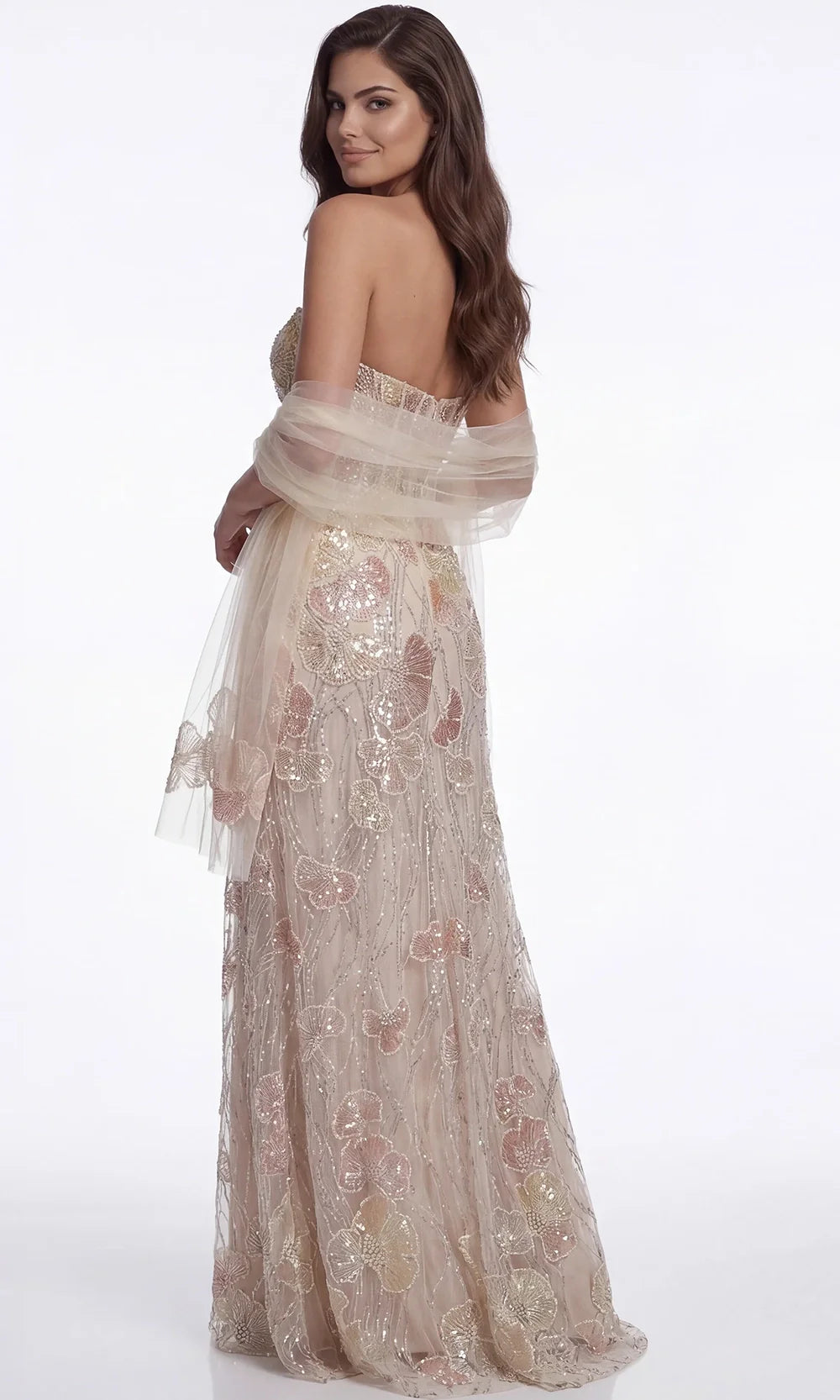 Jovani 49882 - Embroidered Strapless Gown with Matching Shawl Prom Dresses  in Peach Multi 