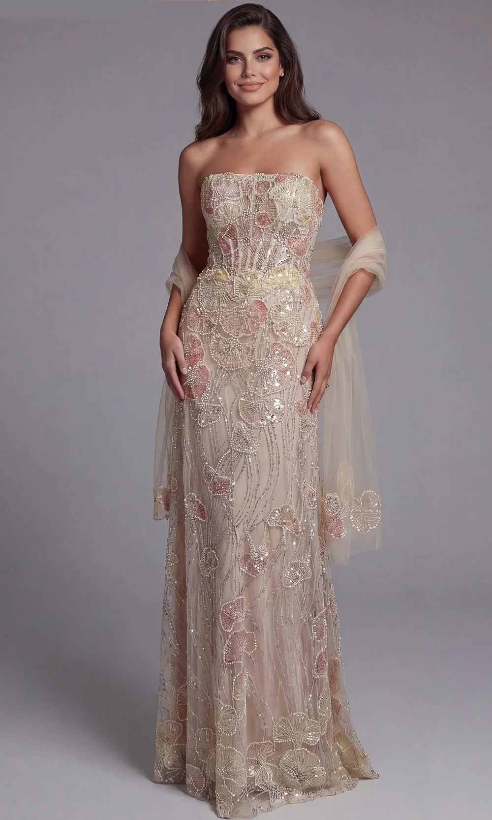 Jovani 49882 - Embroidered Strapless Gown with Matching Shawl Prom Dresses  in Peach Multi 