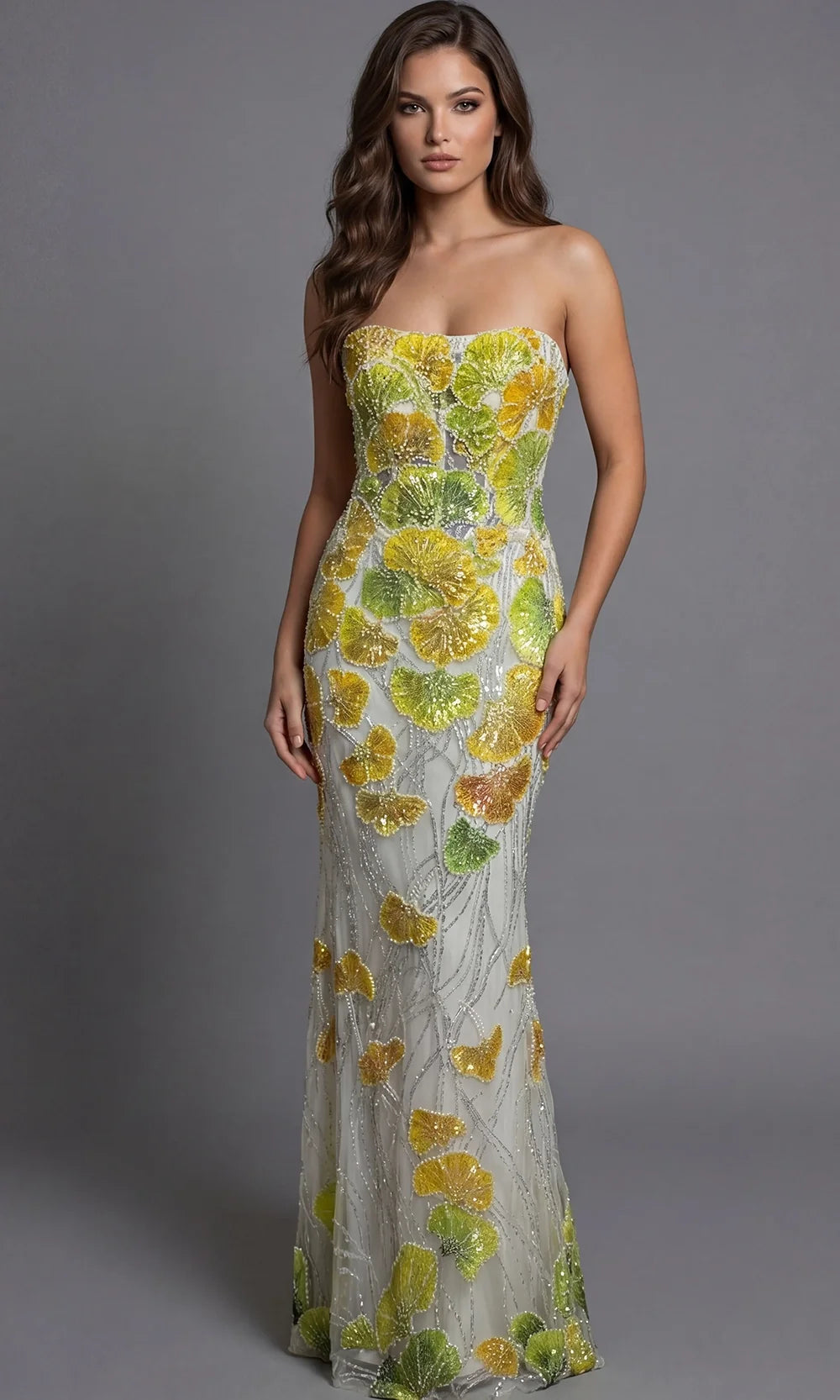 Jovani 49884 - Embroidered Tulle Fitted Strapless Gown Special Occasion Dress In Yellow Multi