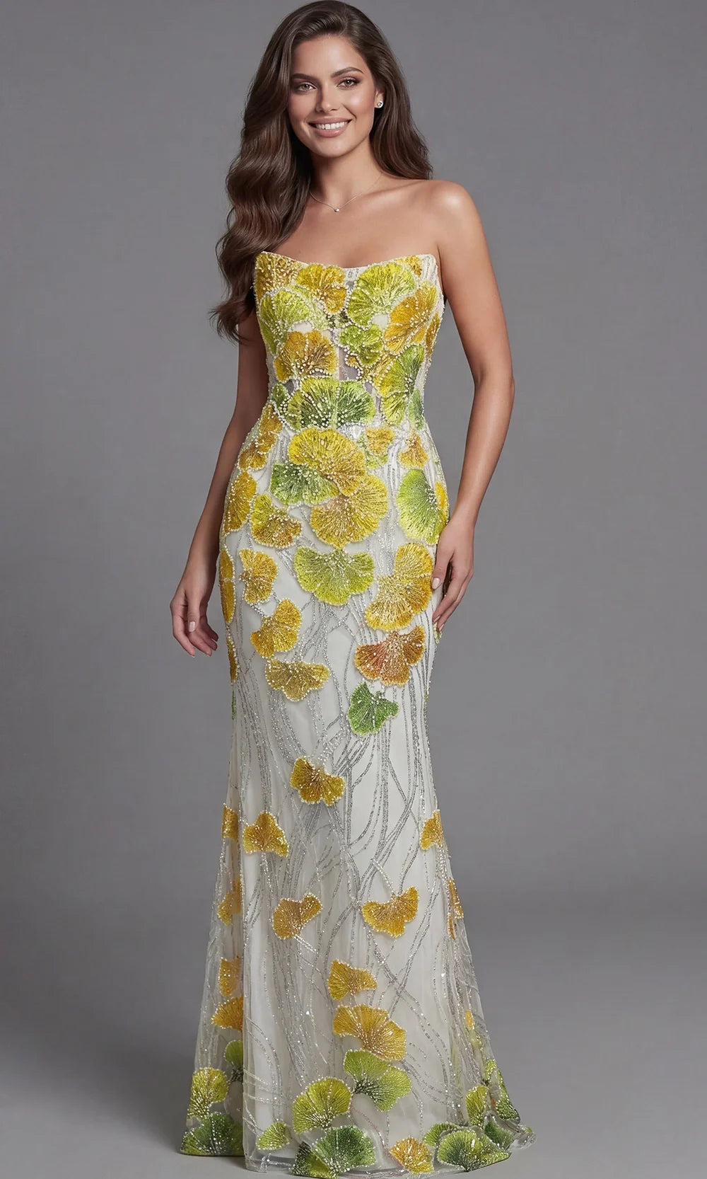Jovani 49884 - Floral Embellished Corset Bodice Long Gown Prom Dresses  in Yellow Multi 