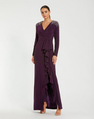 Ieena Duggal 49897 - Rhinestone Embellished Long Sleeve Gown In Purple