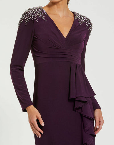 Ieena Duggal 49897 - Rhinestone Embellished Long Sleeve Gown In Purple