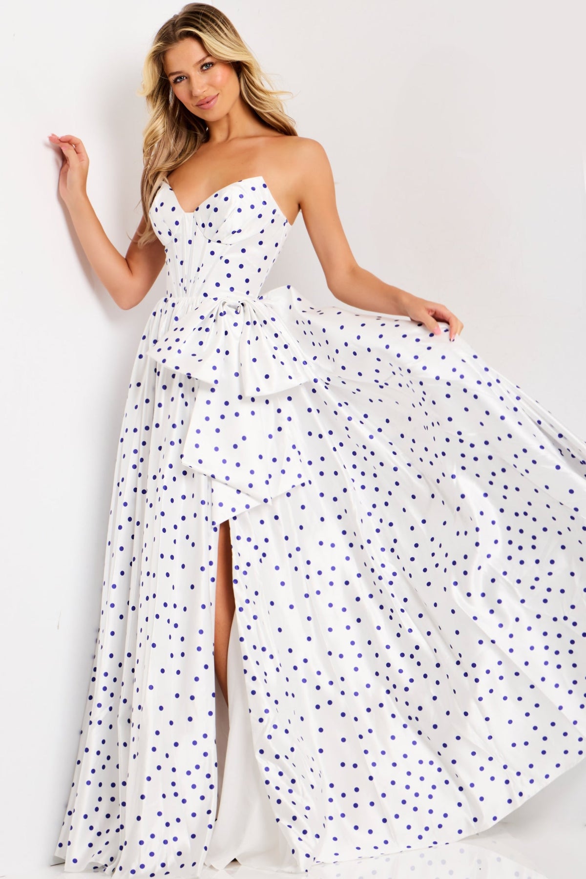 Jovani 49899 - Bow Accent Strapless Polka Dot Gown Prom Dresses in White and Blue