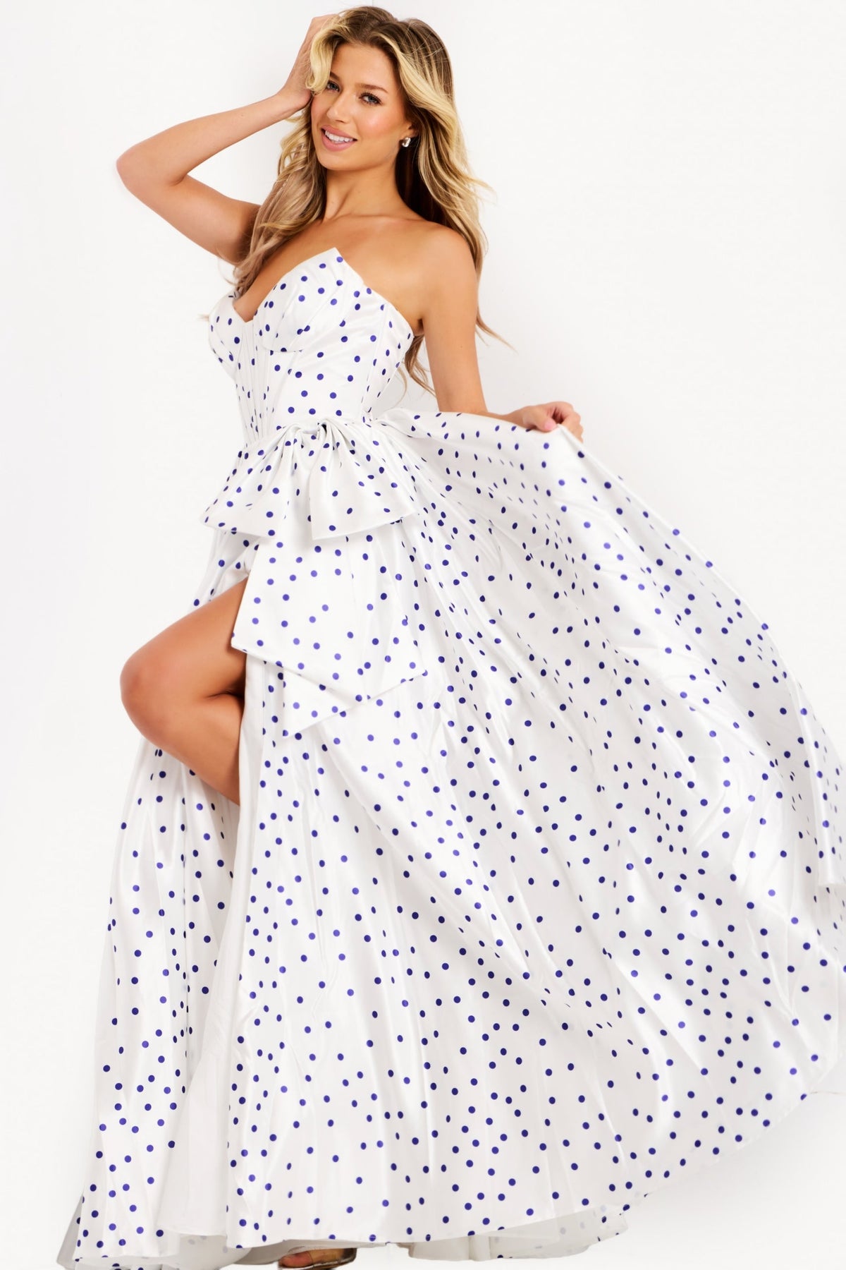 Jovani 49899 - Bow Accent Strapless Polka Dot Gown Prom Dresses in White and Blue