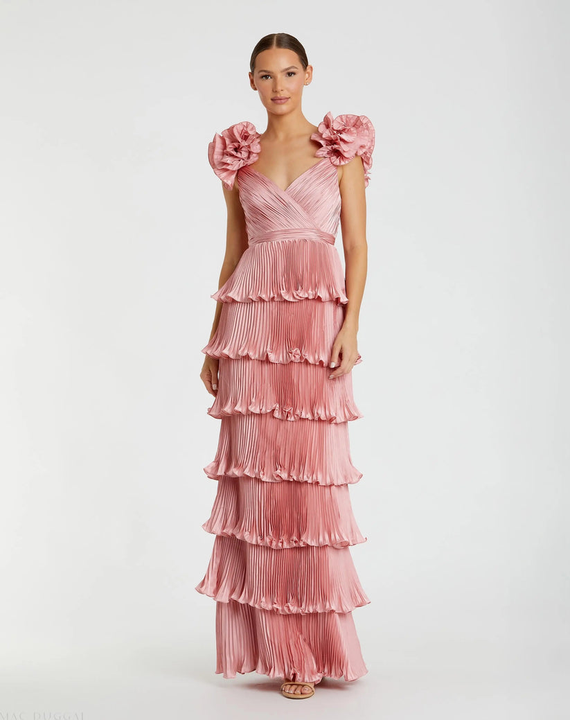 Ieena Duggal 49983 - Faux Wrap V-Neck Tiered Long Dress Formal Gowns in Pink