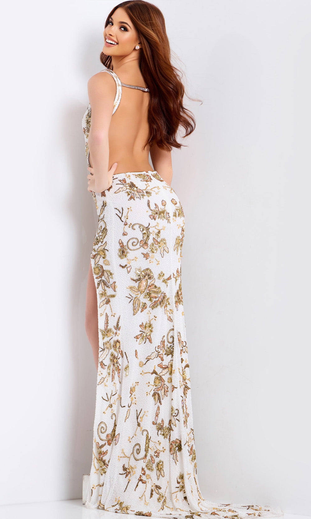 Jovani 49995 - Side Cutout Beaded Mesh Fitted Dress