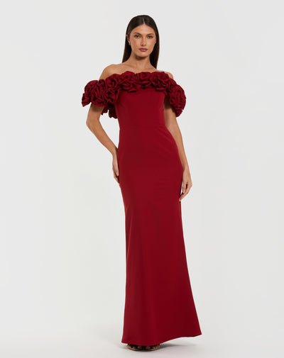 Ieena Duggal 50042 - 3D Rosette Off Shoulder Sheath Gown In Red