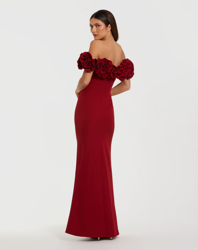 Ieena Duggal 50042 - 3D Rosette Off Shoulder Sheath Gown In Red