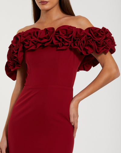 Ieena Duggal 50042 - 3D Rosette Off Shoulder Sheath Gown In Red