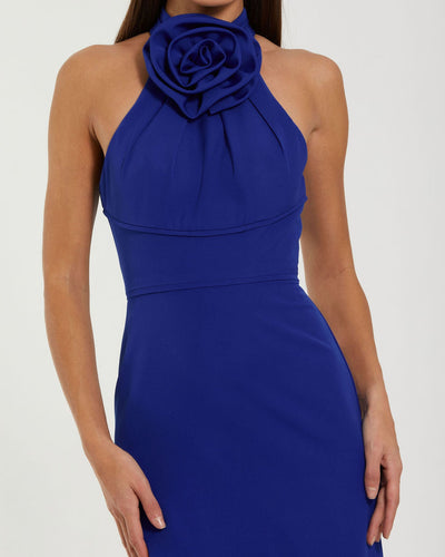 Ieena Duggal 50053 - 3D Rosette High Halter Sheath Gown In Blue