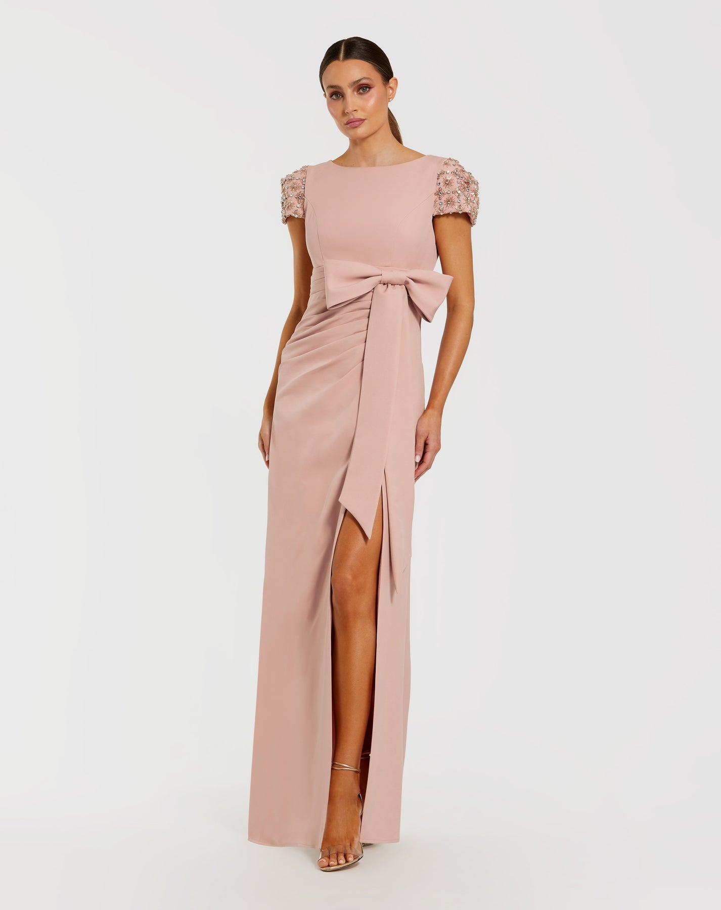 Ieena Duggal 50054 - Bateau High Slit Gown with Bow Waist