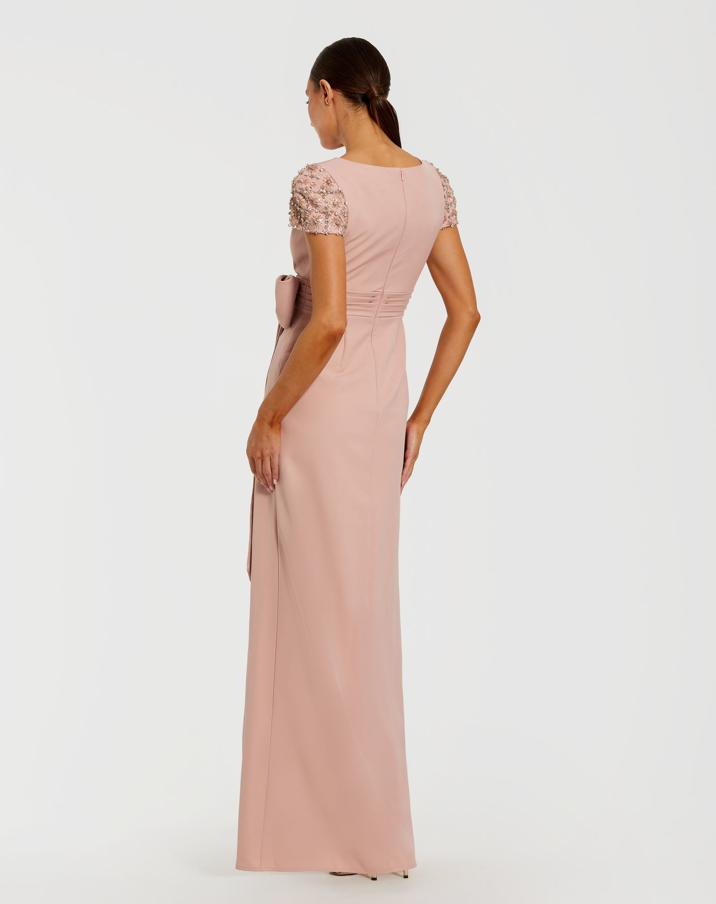 Ieena Duggal 50054 - Bateau High Slit Gown with Bow Waist
