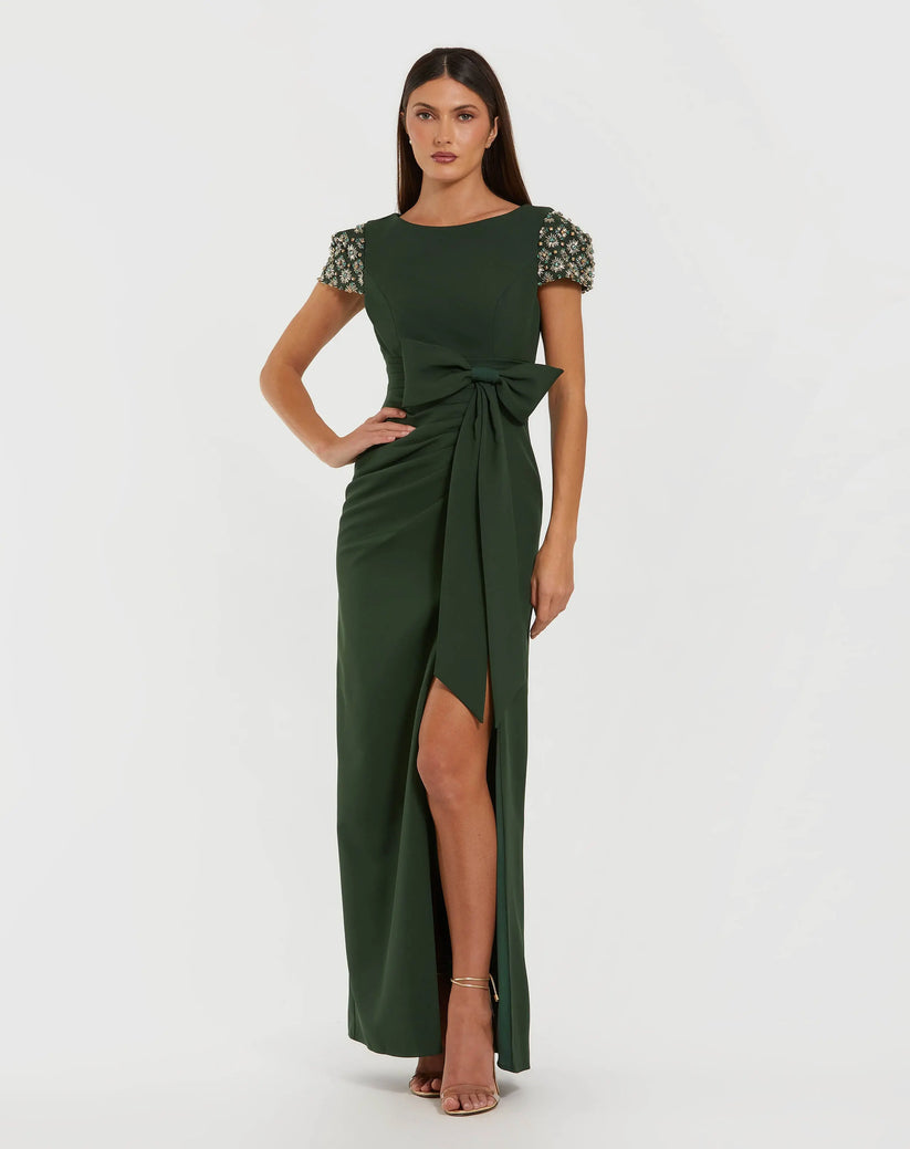 Ieena Duggal 50054 - Beaded Sleeves Crepe Column Gown In Green