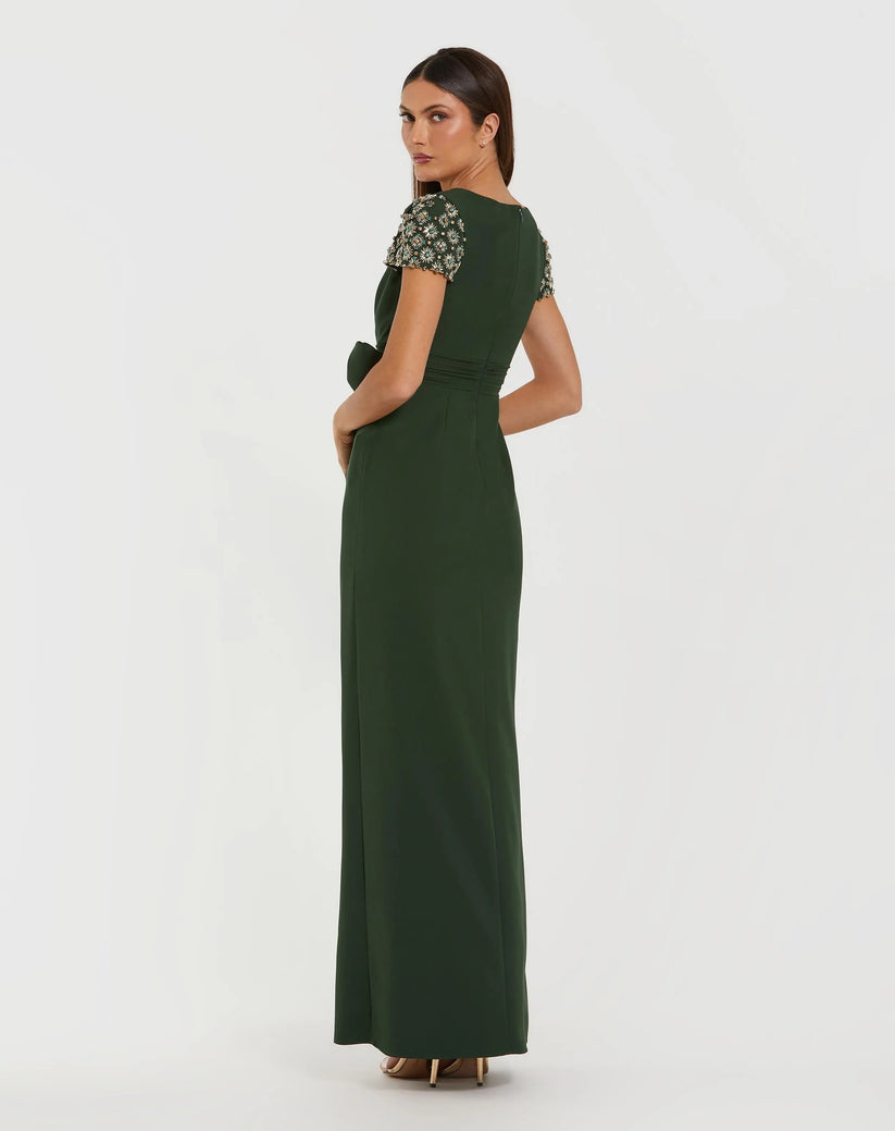 Ieena Duggal 50054 - Beaded Sleeves Crepe Column Gown In Green