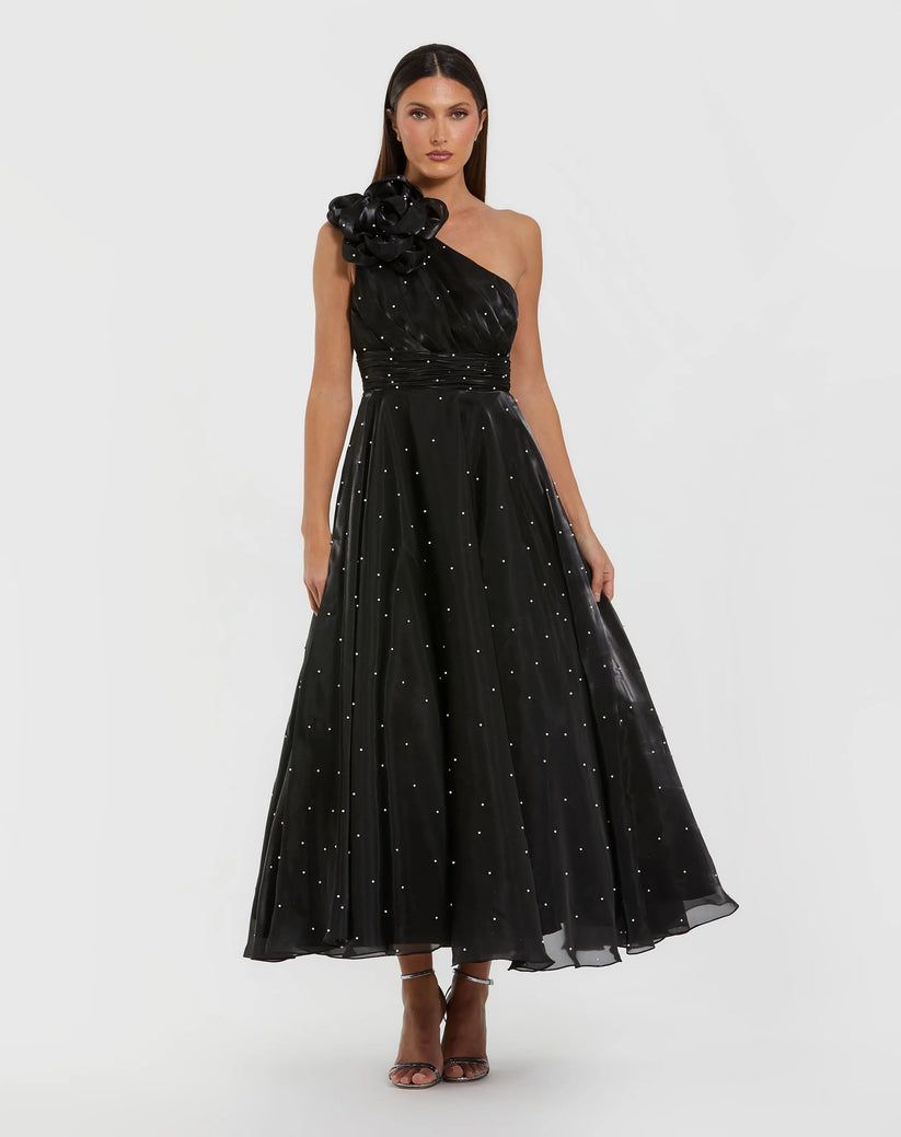 Ieena Duggal 50078 - One Shoulder Pearl Midi Dress In Black and White
