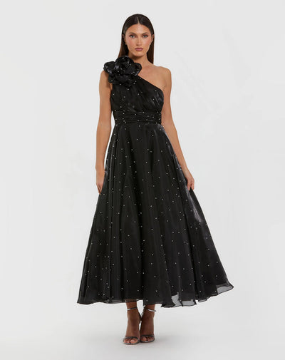Ieena Duggal 50078 - One Shoulder Pearl Midi Dress In Black and White