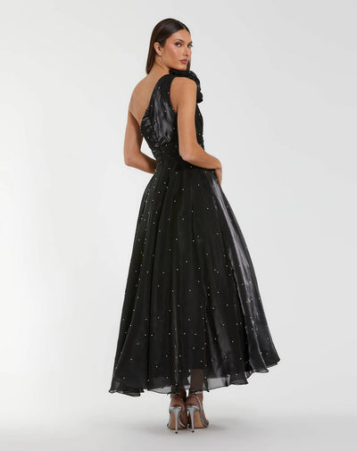 Ieena Duggal 50078 - One Shoulder Pearl Midi Dress In Black and White