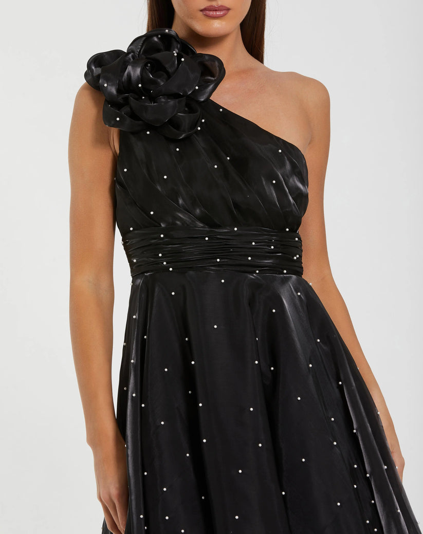 Ieena Duggal 50078 - One Shoulder Pearl Midi Dress In Black and White