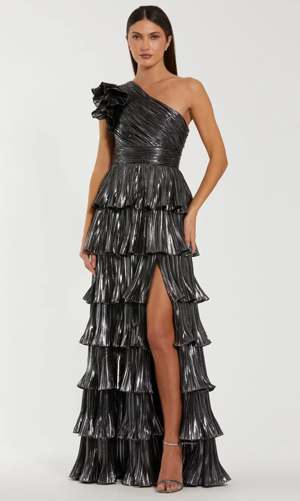 Ieena Duggal 50080 - Ruffled One Sleeve Metallic Evening Gown Formal Gowns