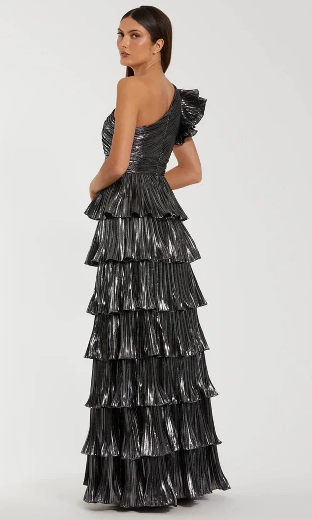 Ieena Duggal 50080 - Ruffled One Sleeve Metallic Evening Gown Formal Gowns
