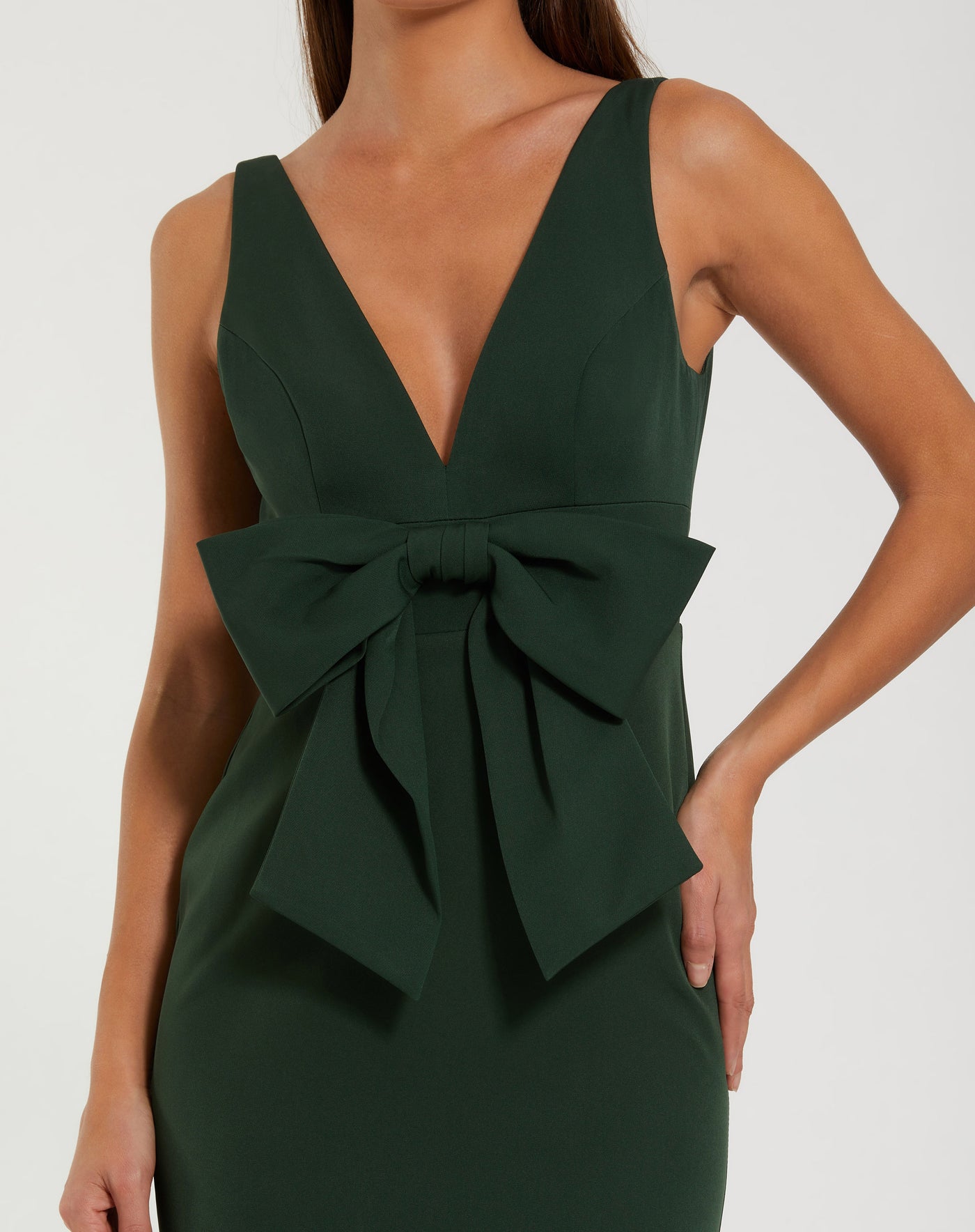 Ieena Duggal 50087 - Plunging V-Neck Crepe Gown with Front Bow In Green