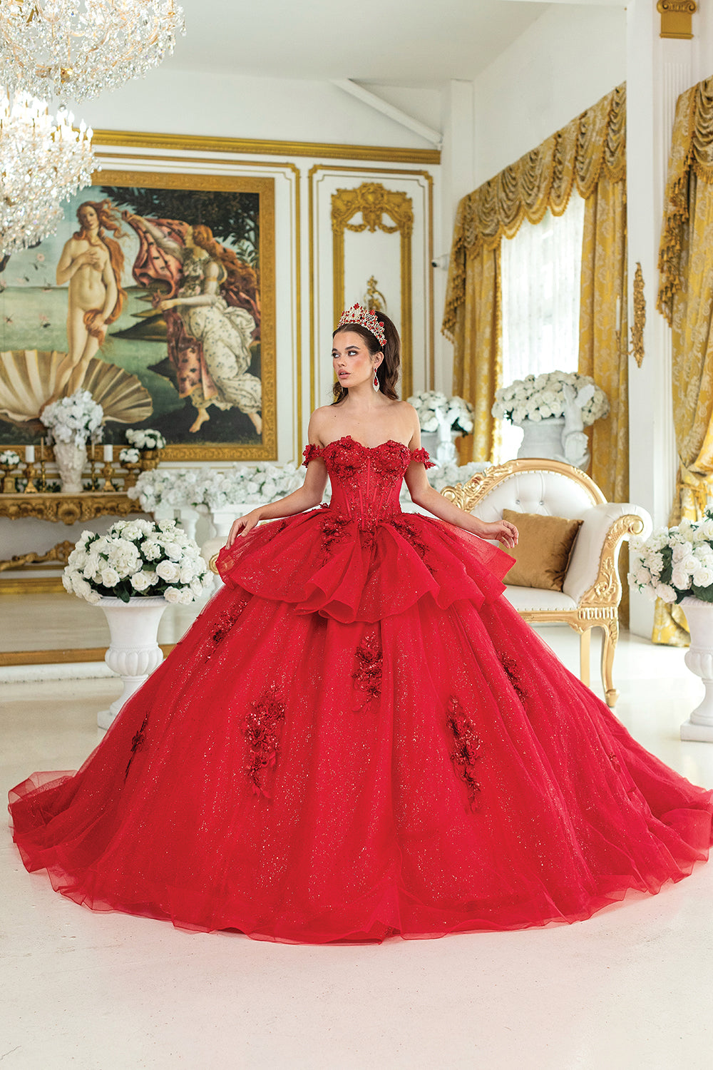 Dancing Queen 5015 - Floral Embroidery Off-Shoulder Quinceanera Dress In Red