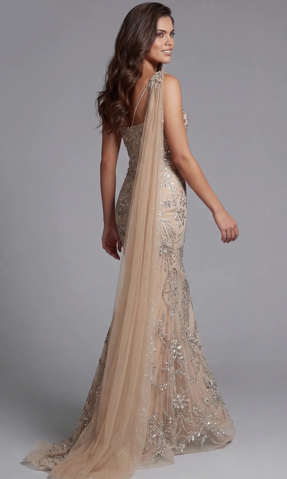 Jovani 50205 - Crystal Embellished Asymmetric Gown with Cape Train Evening Dresses  in Champagne  
