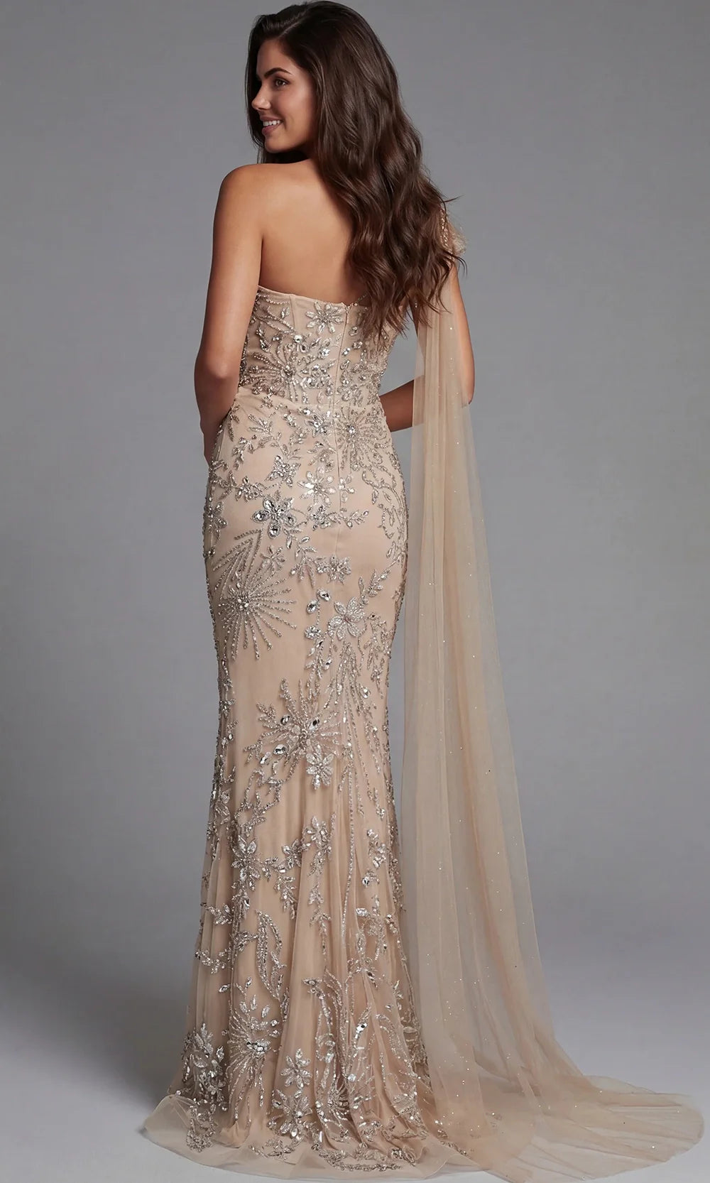 Jovani 50205 - Crystal Embellished Asymmetric Gown with Cape Train Evening Dresses  in Champagne  