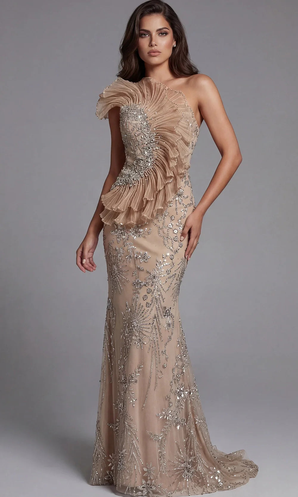 Jovani 50205 - Crystal Embellished Asymmetric Gown with Cape Train Evening Dresses  in Champagne  