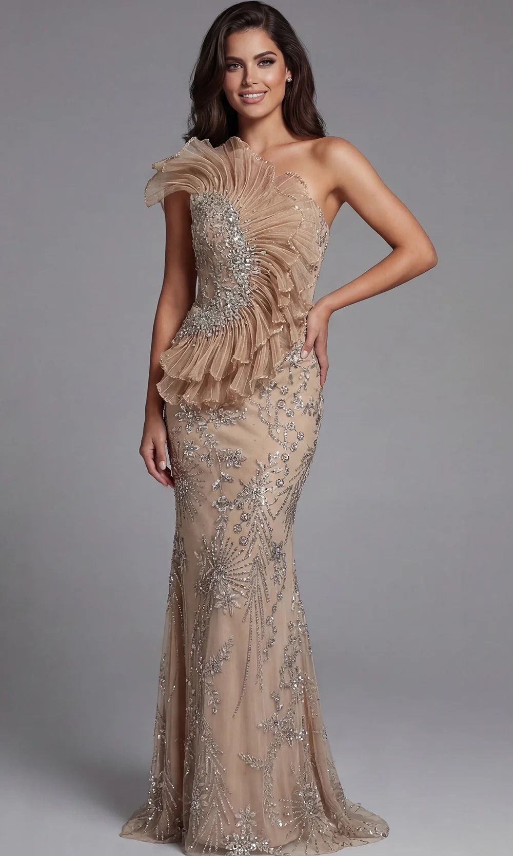 Jovani 50205 - Crystal Embellished Asymmetric Gown with Cape Train Evening Dresses  in Champagne  